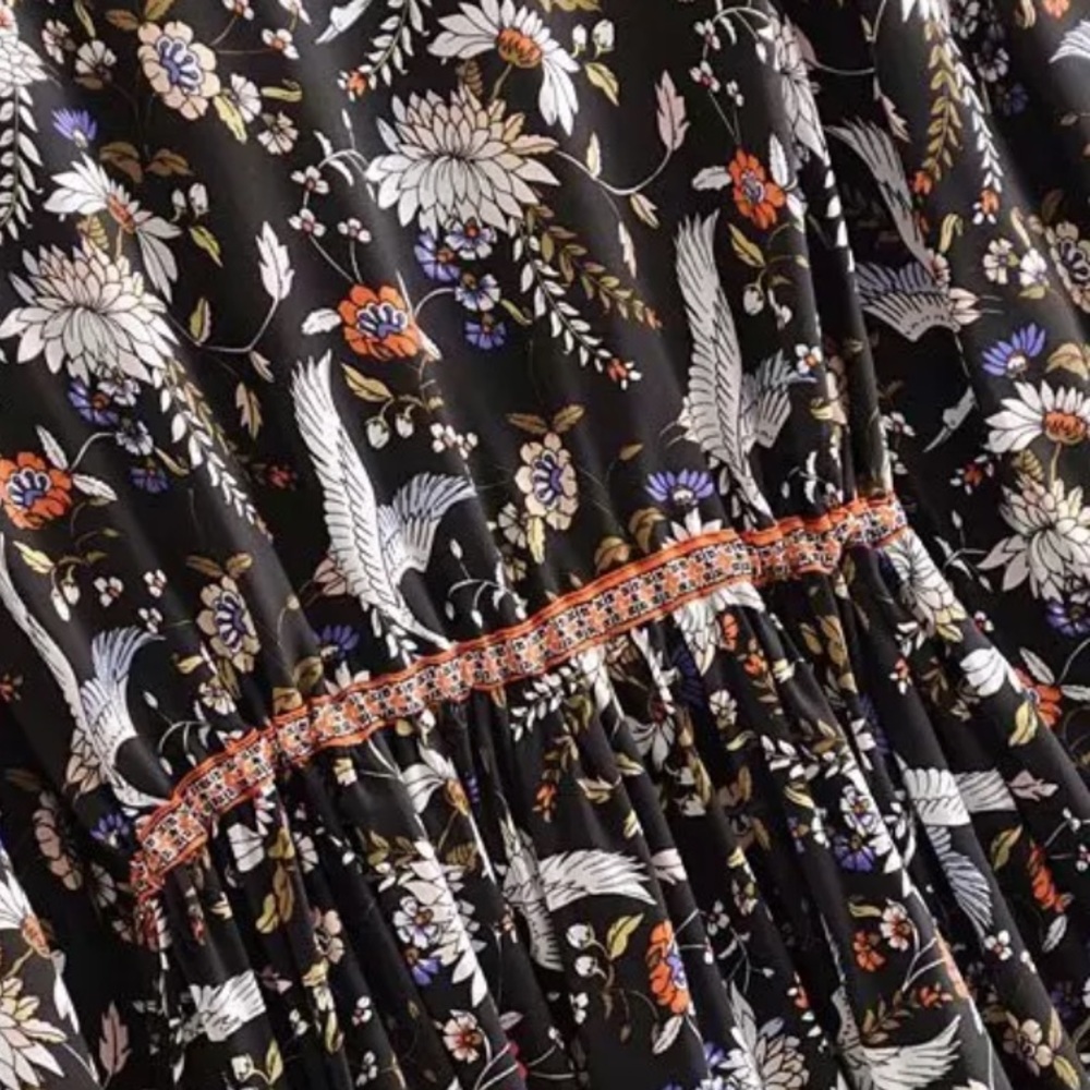 Boho Floral Crane Gypsy Print Dress Black Orange - Picture 8 of 13